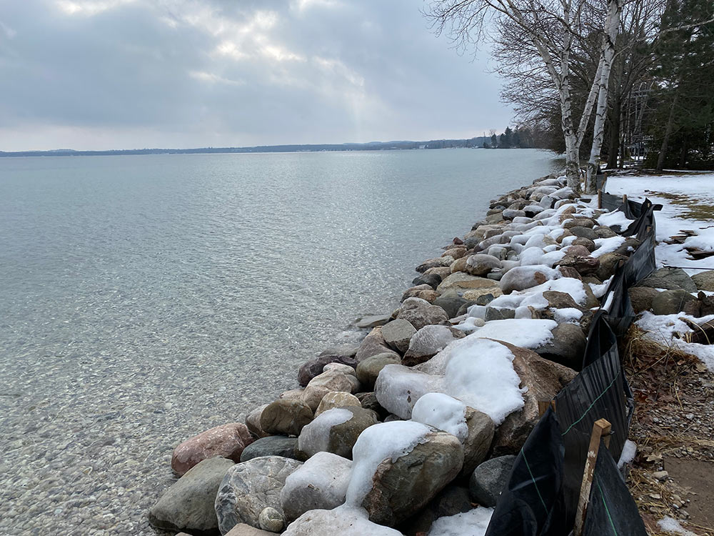 Lake Michigan Shoreline Preservation in Winter, Snow on Rocks on Shoreline